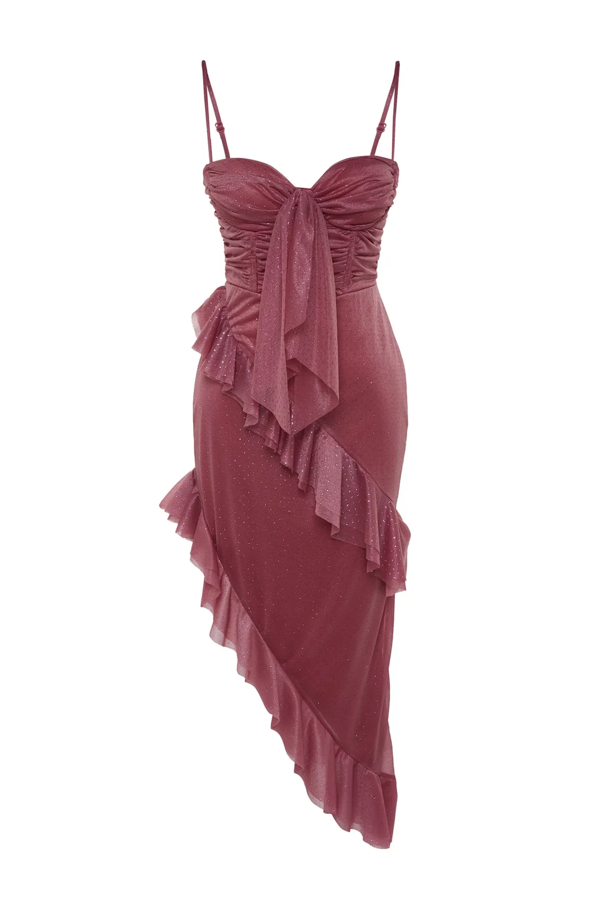 Trendyol Collection  Abendkleid aus staubigem rosa Volant-Tüll mit Futter TPRSS23EL00344