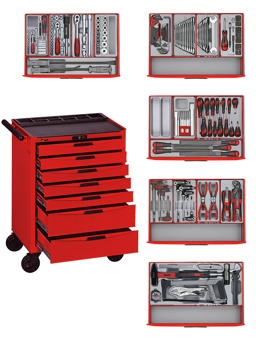 Wózek narzędziowy Teng Tools 122390175 TCMM259N, czerwony, mini zestaw główny, 7 szuflad
