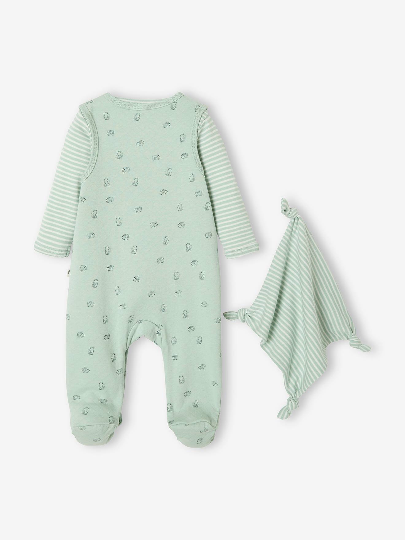 Ensemble naissance combinaison + body + doudou en coton bio vert amande