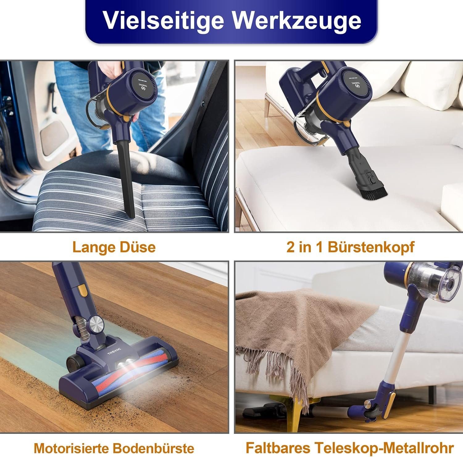 TASVAC Akku-Stielstaubsauger TASVAC, Akku Staubsauger, 25KPa, 55 Minuten, Akku-Hand-und Stielstaubsauger