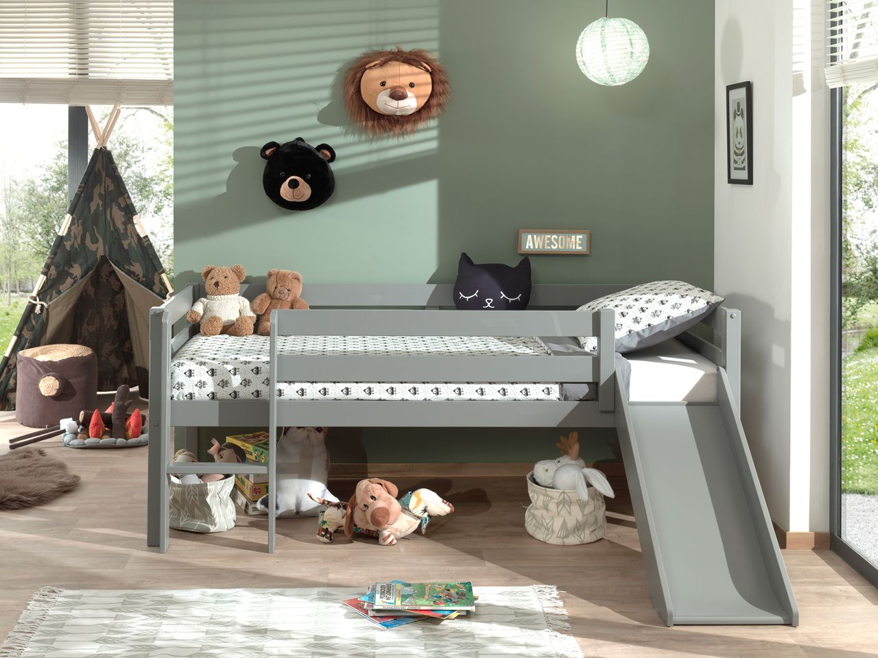 VIPACK Spielbett mit Liegefläche 90 x 200 cm, inkl. Leiter, Rutsche und Rolllattenrost, Kiefer massiv grau lackiert