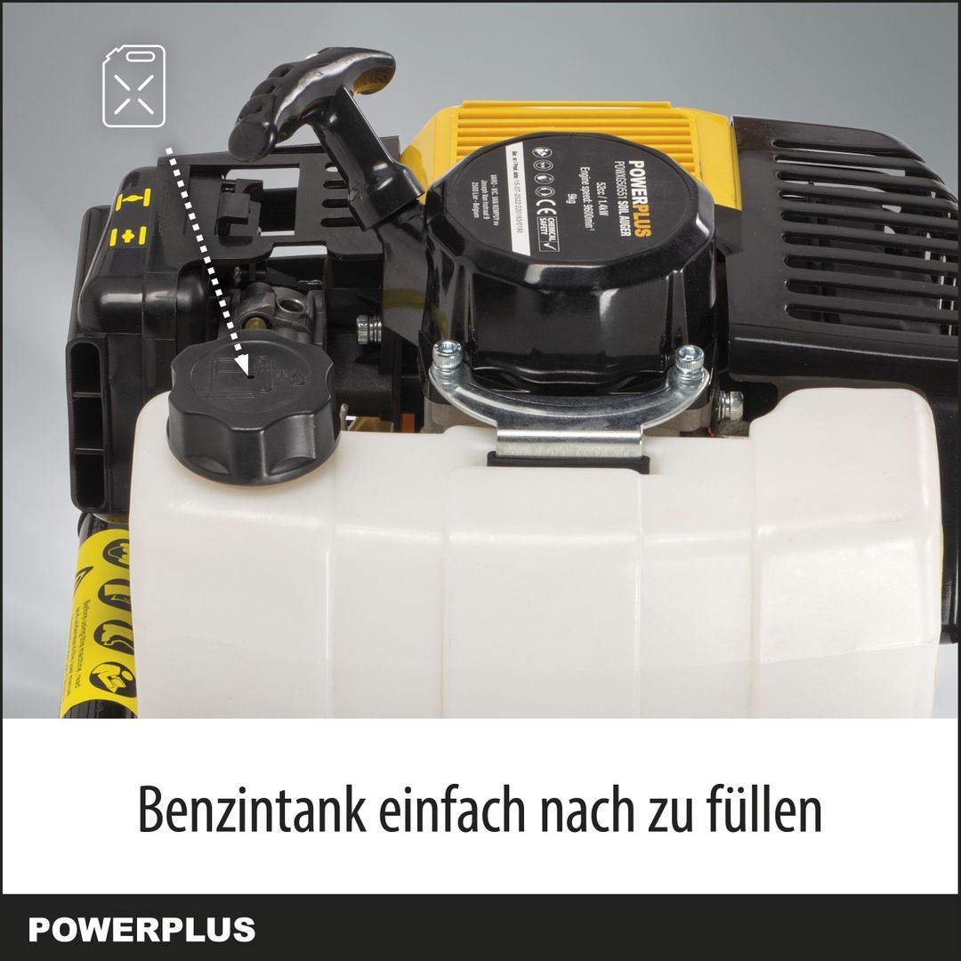 VARO Powerplus Erdbohre benzinbetrieben POWXG50551 - 52 cc,  Links/Rechts-Funktion, Bohrerlänge von 800 mm, 1200 ml Kraftstofftank