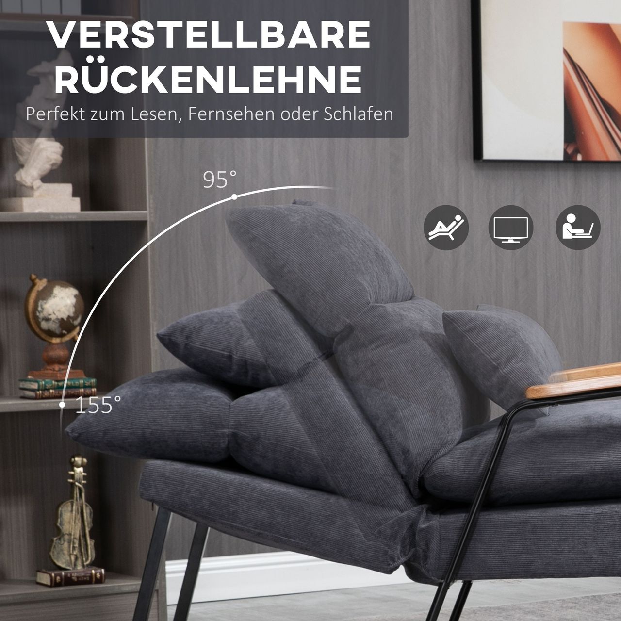 HOMCOM Ohrensessel mit Hocker, Relaxsessel mit neigbarer Rückenlehne, Grau