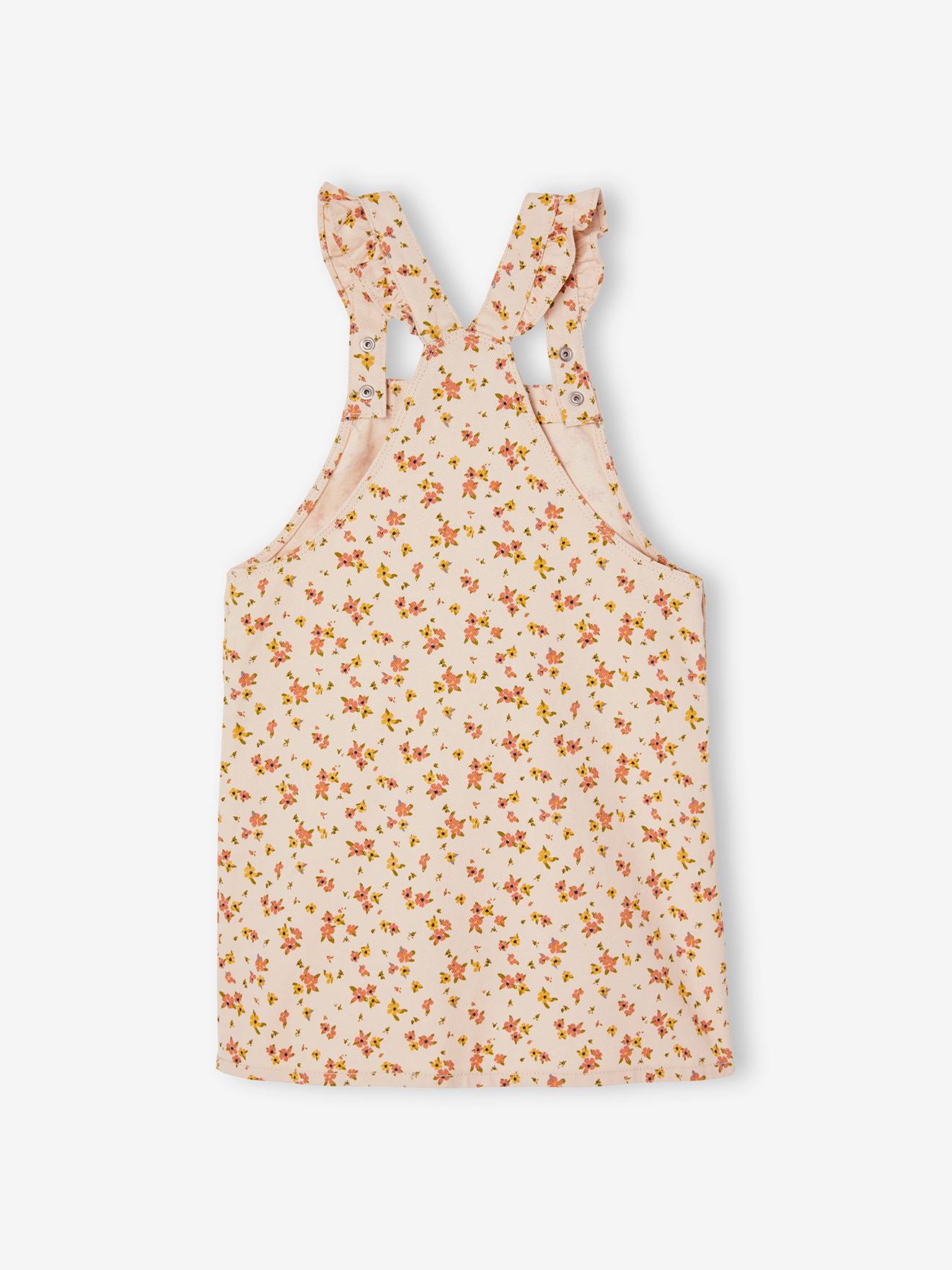 Robe-salopette à fleurs bretelles à volants beige rosé imprimé