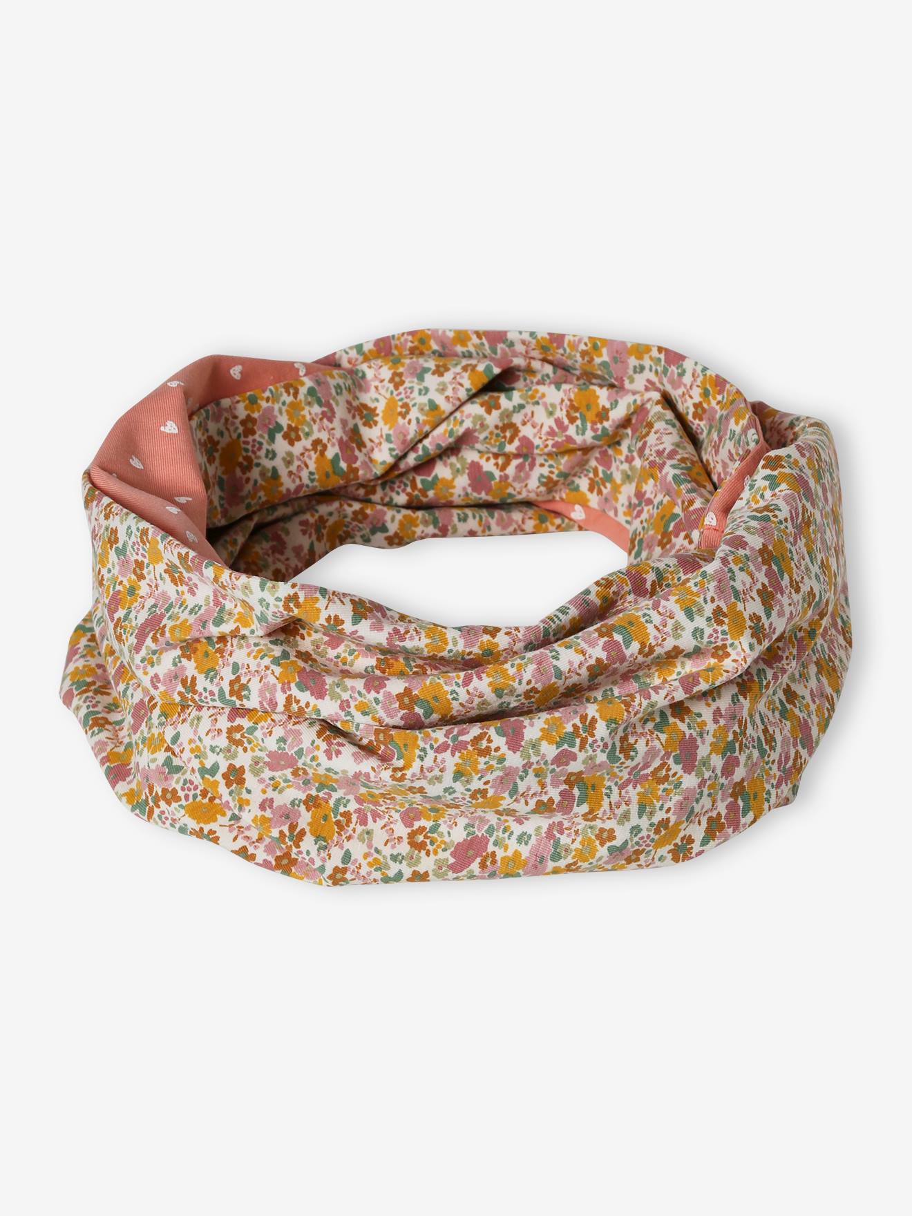 Snood fille réversible fleurs/coeurs rose imprimé