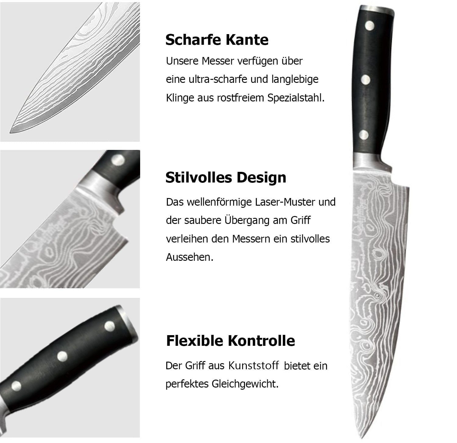 KESSMANN Messer-Set Edelstahl Profi Küchenmesser Set 6 teilig ultra scharf Messerset Box (Set, 6-tlg., Messerblock Organizer Kochbesteck Küchen Utensilien Messer Set), Kochmesser Fleischmesser Santokumesser Schälmesser Allzweckmesser