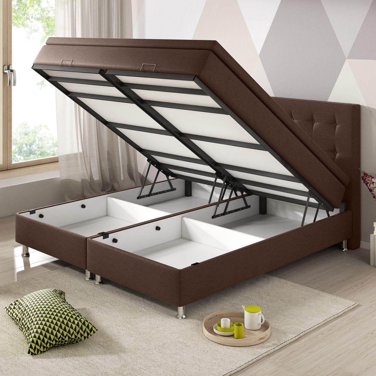 IHG Boxspringbett Köln mit Bettkasten 180x200 Webstoff Braun
