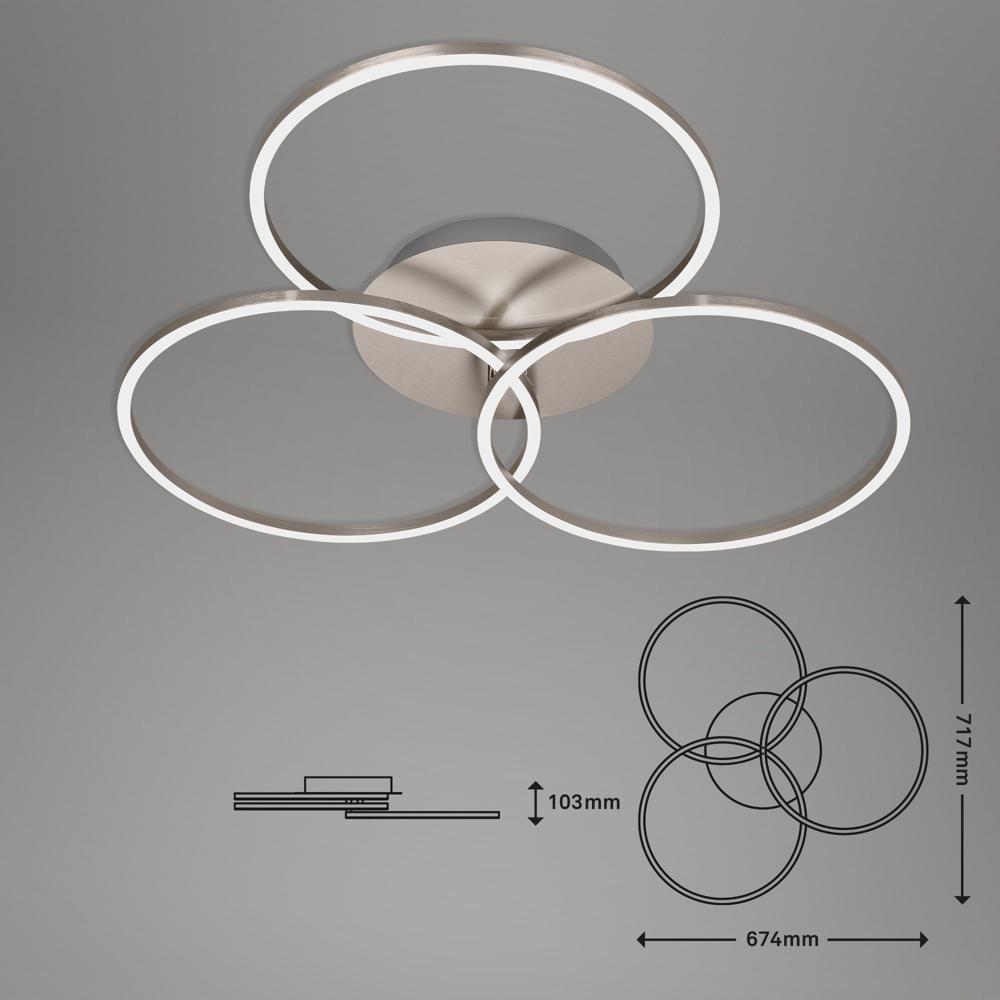 Briloner Leuchten LED Deckenleuchte 3090-012, dimmbar, schwenkbar, Speicherfunktion, LED fest verbaut, Warmweiß, Deckenlampe, 71,7x67,4x10,3cm, Matt-Nickel, 40W, Wohnzimmer, Flur
