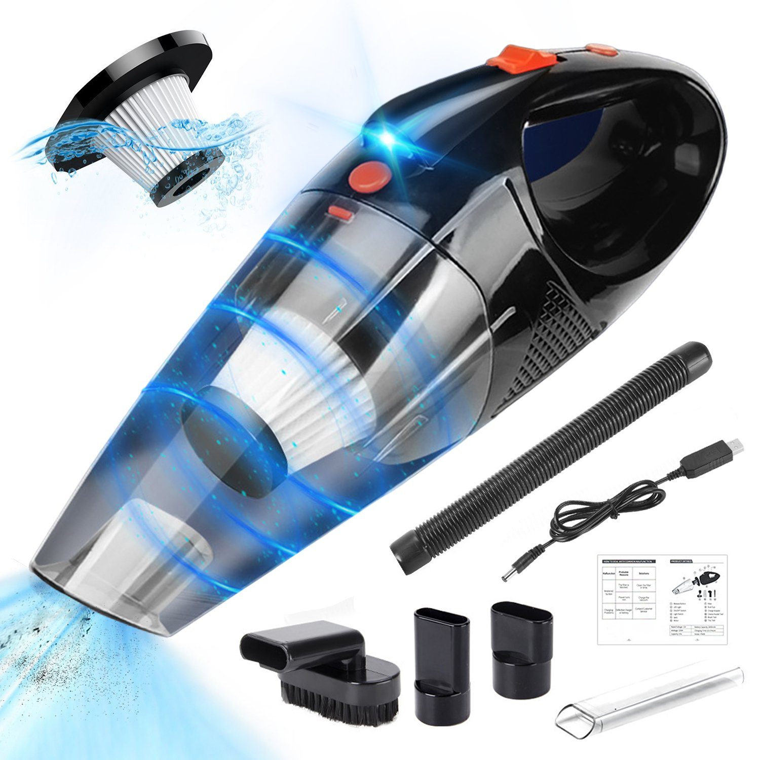 Kpaloft Akku-Handstaubsauger 120W Kabelloser Autostaubsauger, Tragbarer Handsauger, 2000mAh LED-Staubsauger, Nass & Trocken, für Tierhaare, Auto, Haus