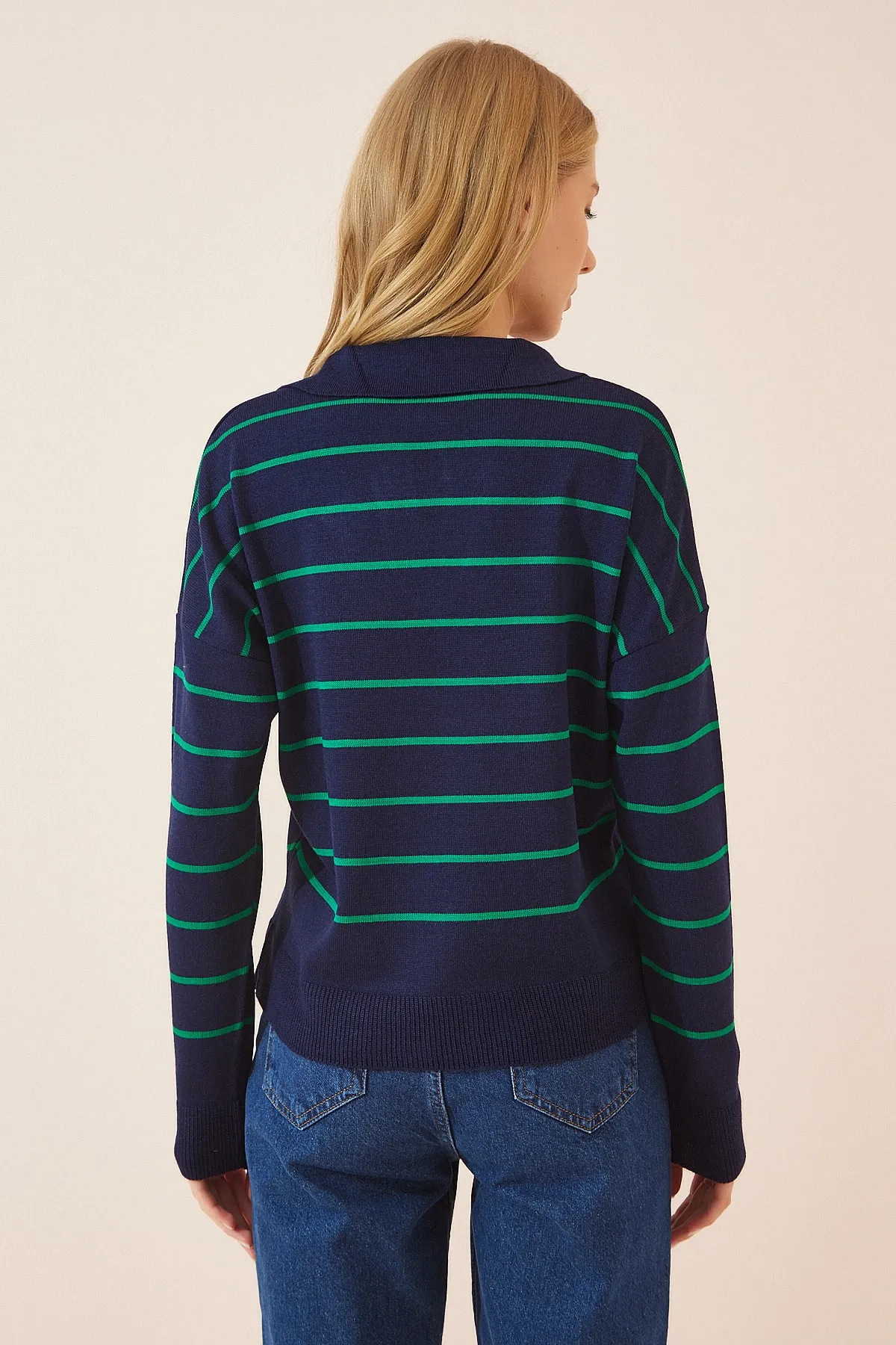 Happiness İstanbul  Grüner, marineblauer gestreifter Damen-Strickpullover mit Polokragen, Saison-Strick BV00012