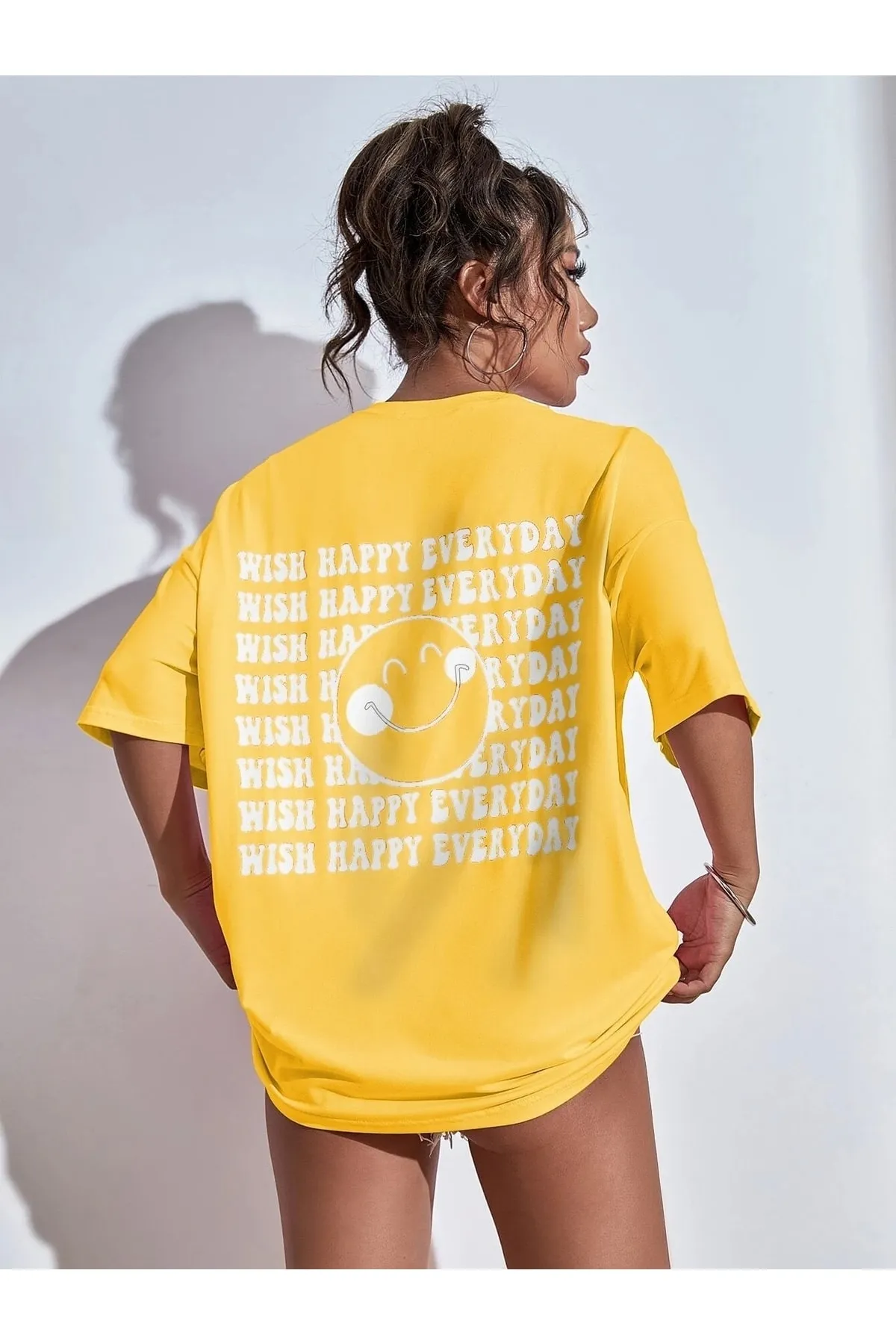 Know  Gelbes, bedrucktes Oversize-T-Shirt „Wish Happy Everyday“ für Damen