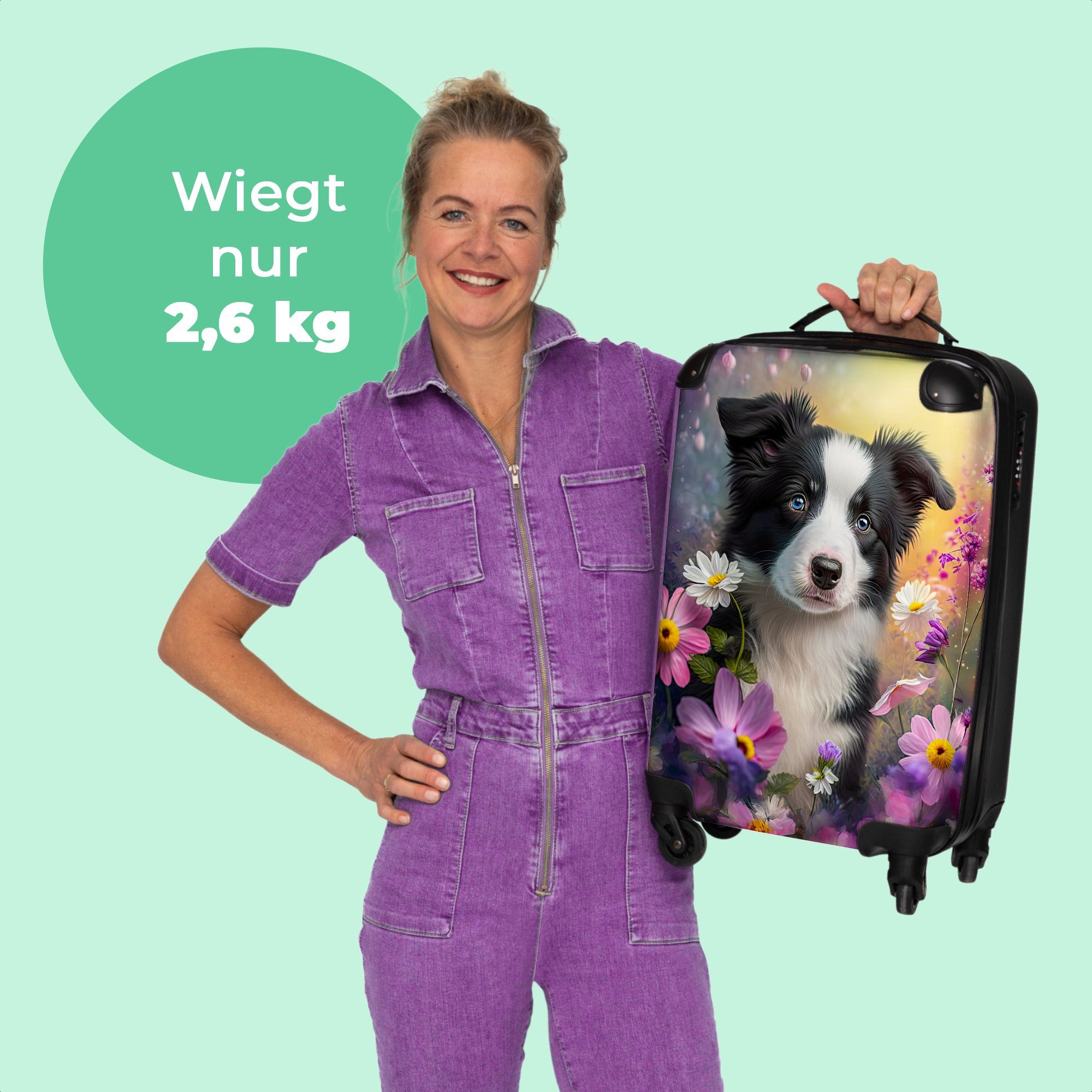 NoBoringSuitcases.com© Handgepäckkoffer 55x35x20cm Hund - Blumen - Natur - Welpe - Border Collie, 4 Rollen, Handgepäck Trolley Rollkoffer Kleine Reisekoffer mit 4 Rollen - Cabin