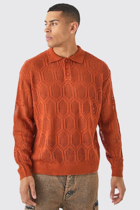 Langärmliges gehäkeltes Oversize Poloshirt