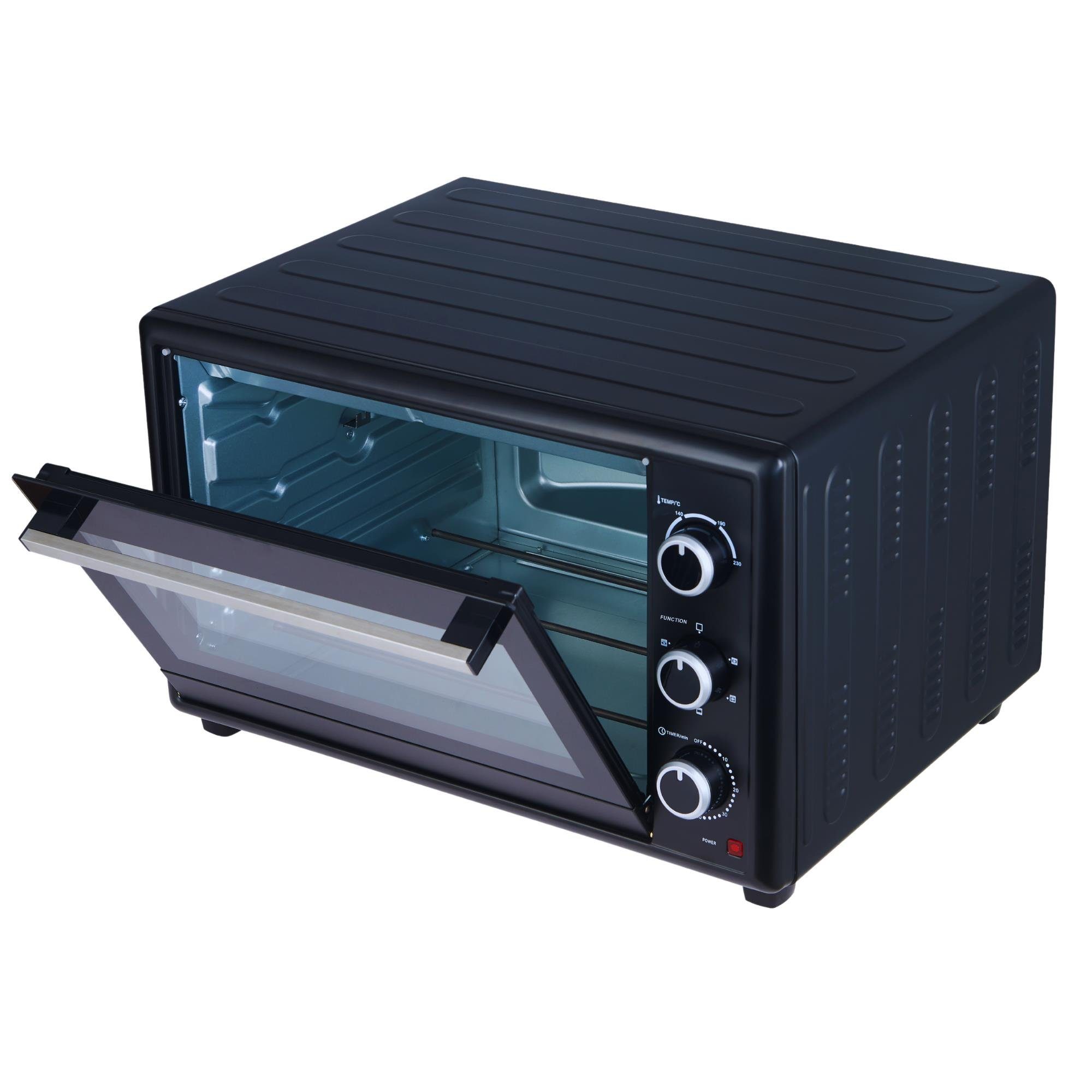 optimumX Minibackofen 60 Liter XXL mit Umluft, 2200W, Backblech und Gitter-Set, 5 Kochfunktionen, 60 min, Doppelverglassung, 90-230°C