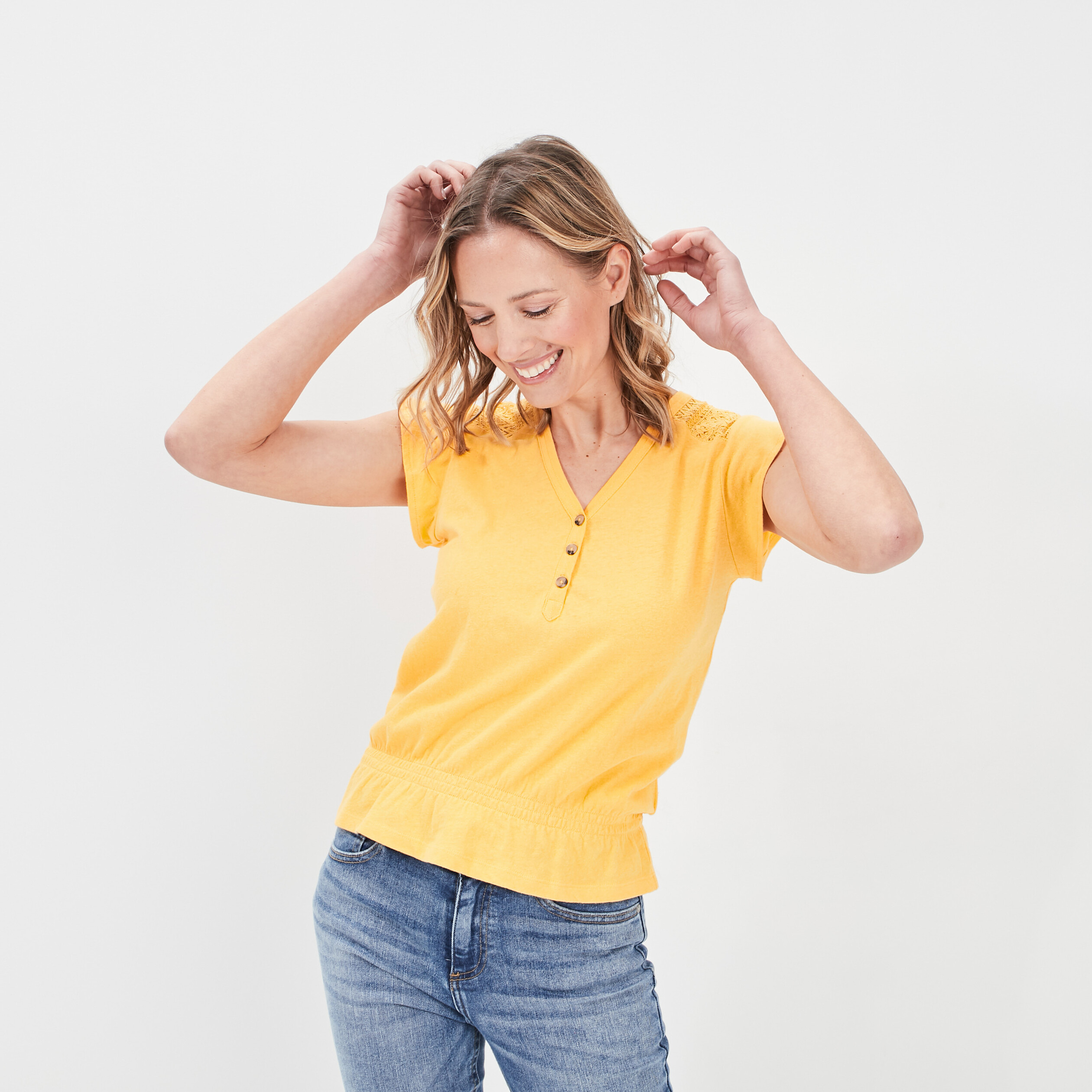 T-shirt manches courtes jaune moutarde femme | La Halle