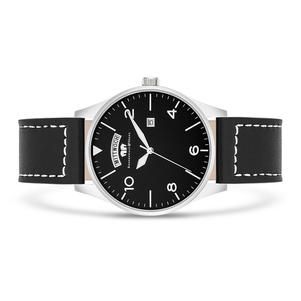 Rhodenwald & Söhne Montre à quartz Vintage en Argent Cuir véritable en Noir Montre
