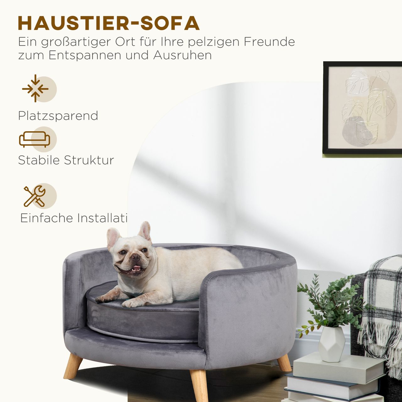 PawHut Hundesofa, Haustiersofa mit Samtoptik, Katzensofa mit Kissen, Holzbeine