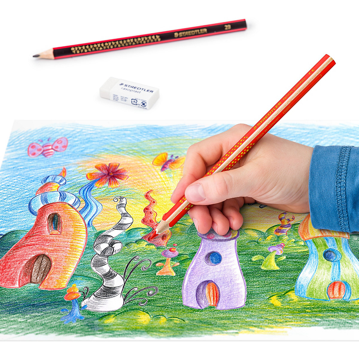 Dreikant-Jumbo-Buntstifte Noris® , 10 Farben, inkl. Bleistift & Radierer