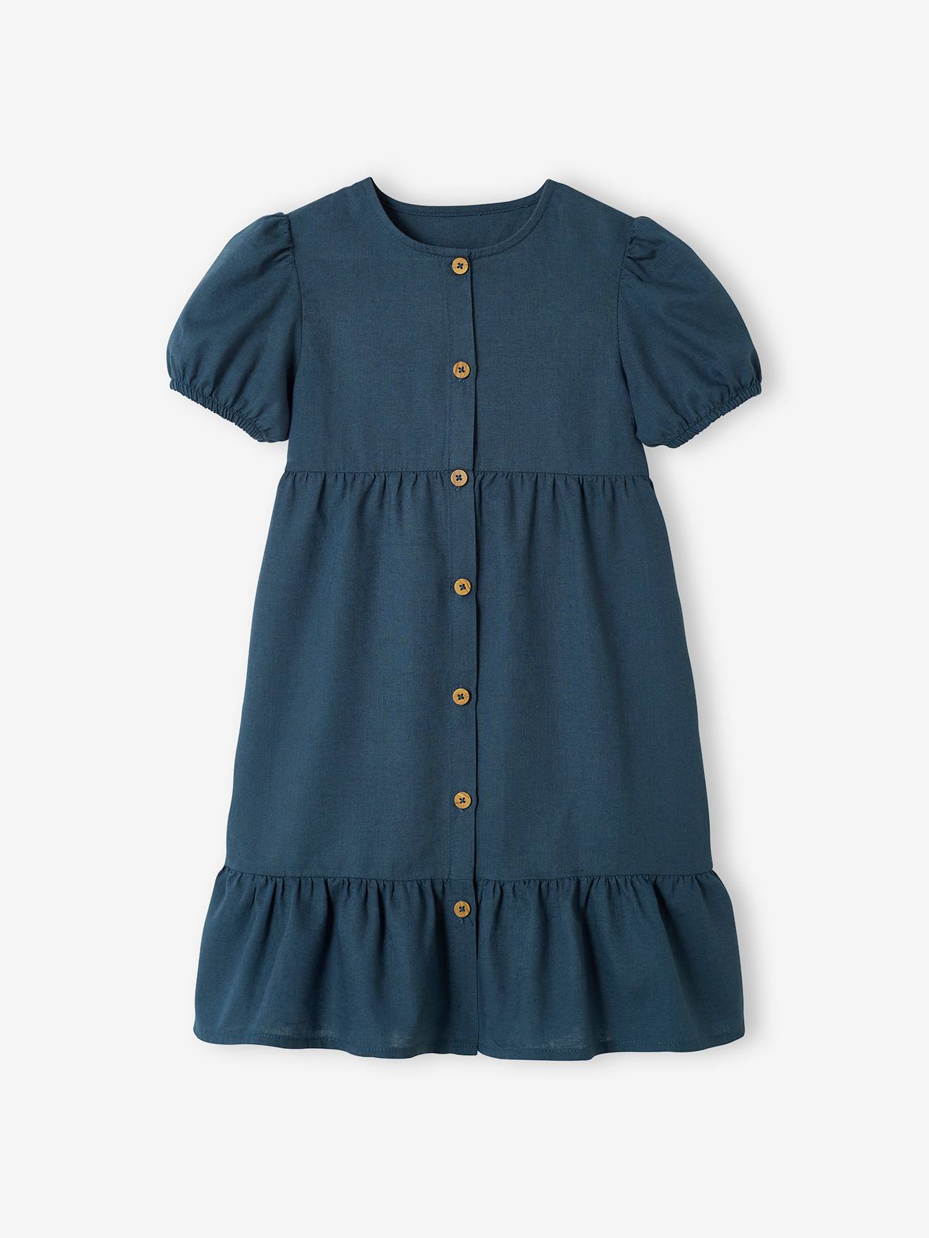 Vertbaudet Mädchen Kleid mit Knopfleiste, Leinenmix - nachtblau