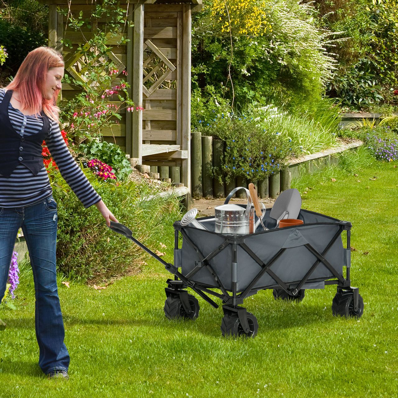 Outsunny Bollerwagen Faltbarer Handwagen 360° Gartenwagen bis 20 kg Tragkraft Metall Oxford Dunkelgrau 108 x 53 x 59-89 cm