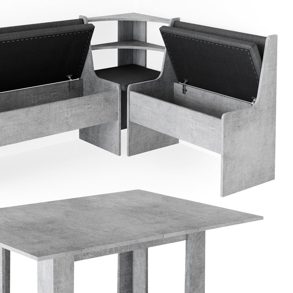 Vicco Eckbankgruppe Eckbankgruppe Esszimmergruppe ROMAN Beton, (Set, 5-tlg., 5-er Set), Ausziehbarer Tisch, mit Polsterung, Stauraum in den Sitzbänken