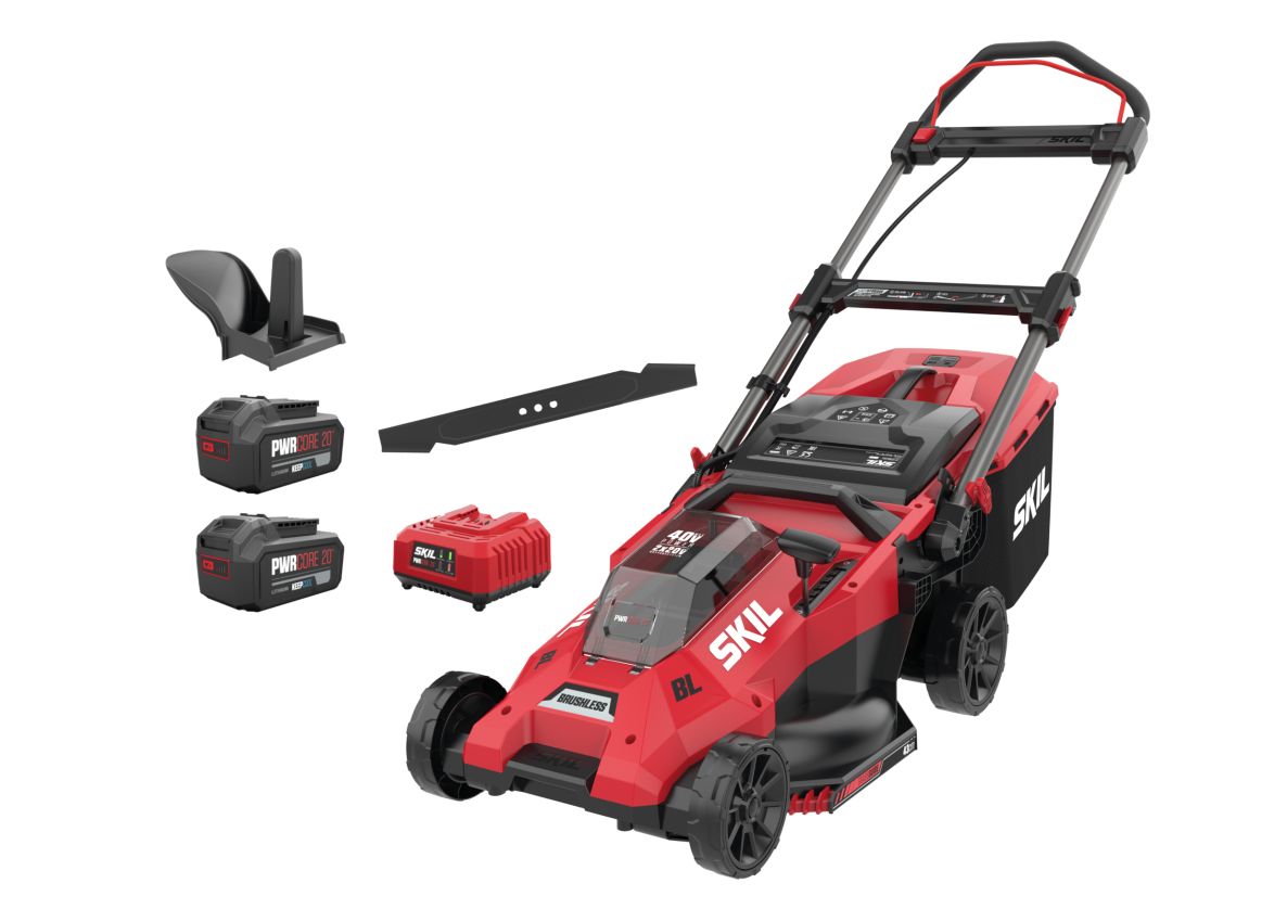 SKIL GM1E0140BA Kosiarka akumulatorowa 43 cm 2x20 V bezszczotkowa z 2 akumulatorami 4,0 Ah i ładowarką