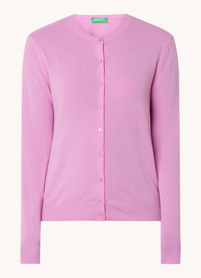 Cardigan Benetton cu guler rotund, confecționat din lână fină.