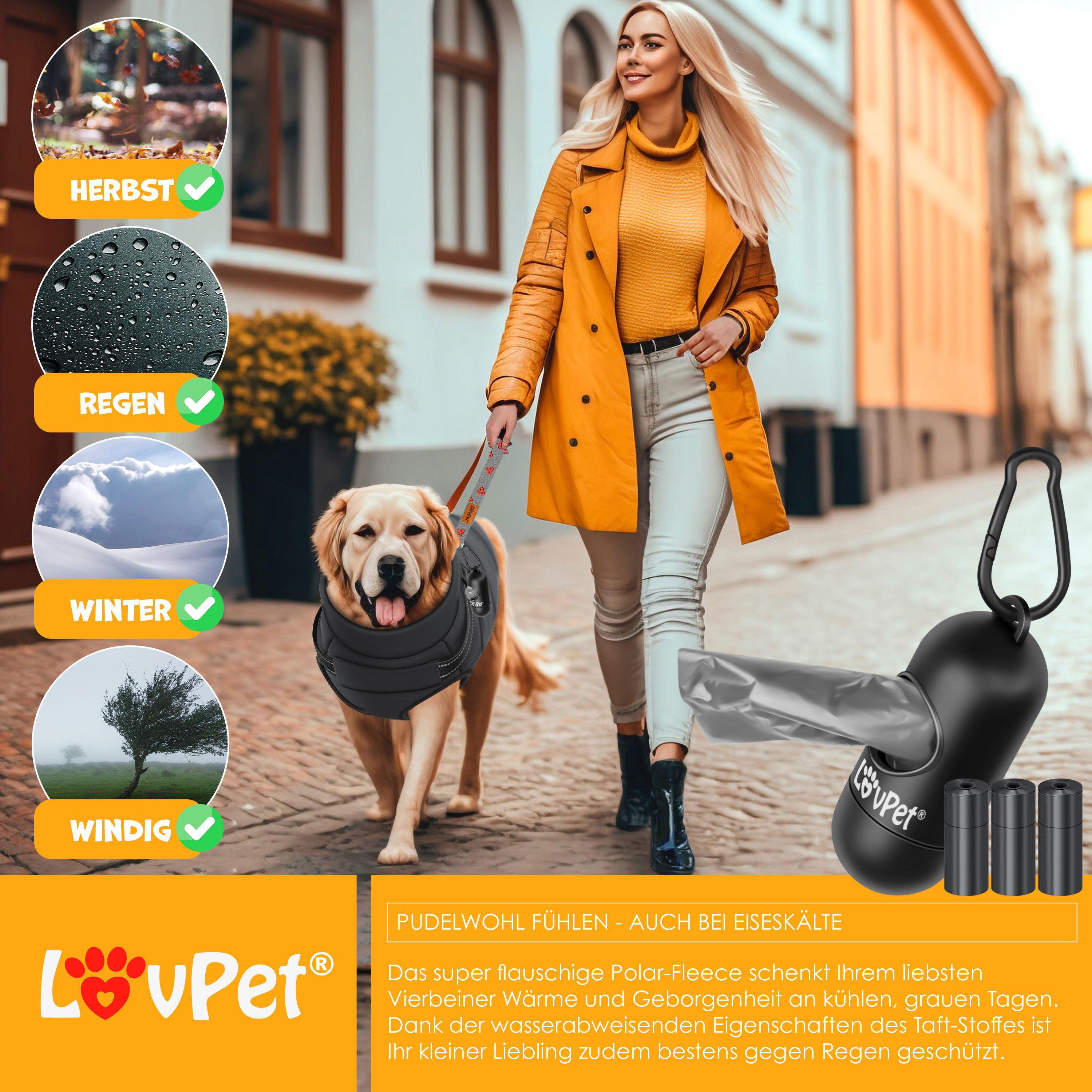 Lovpet Hundejacke, Hundemantel mit Geschirr, inkl. 45 Stück Kotbeutel +Spender