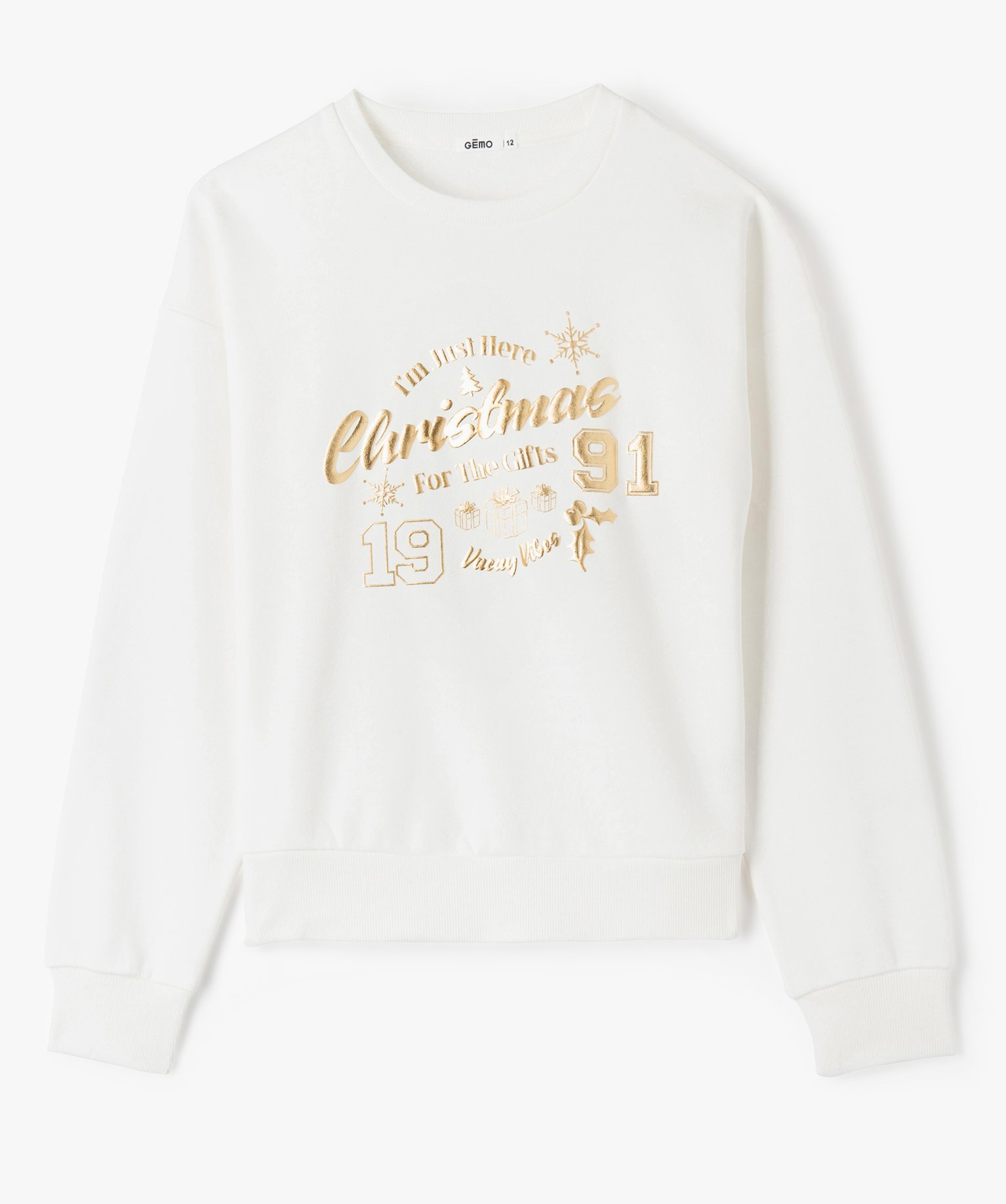 Sweat fille à motifs dorés spécial Nol ecru | GEMO