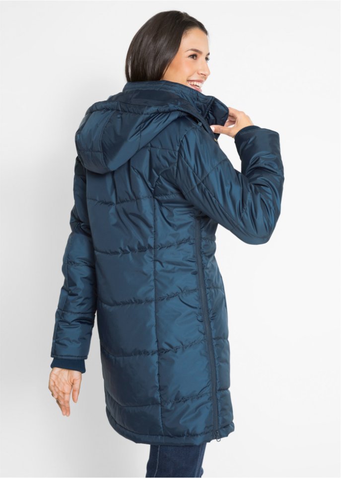 Long-Steppjacke, wattiert mit Kragen und Kapuze