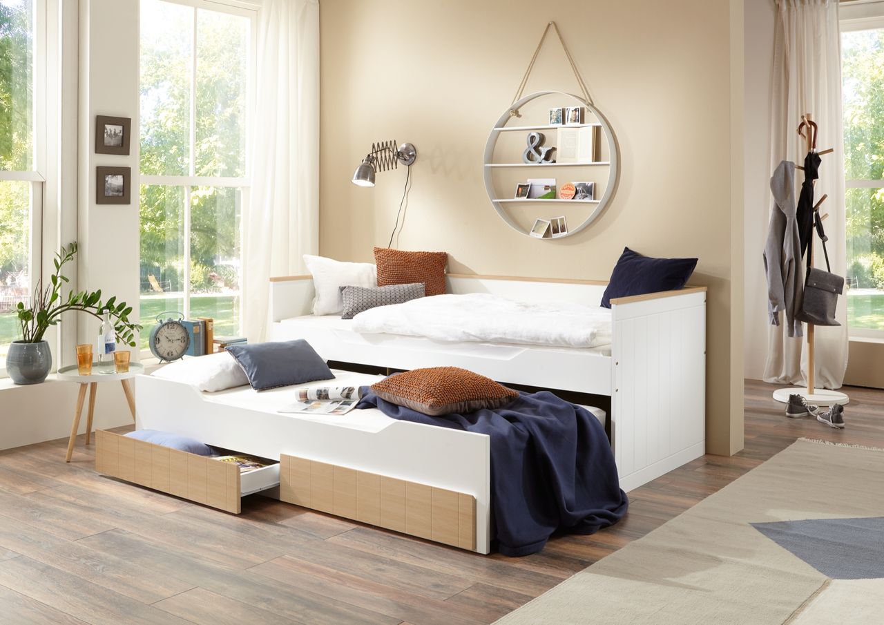 Relita Funktionsbett RONNY 2 Liegeflächen in weiß & 2 Schubladen massiver Buche, natur lackiert