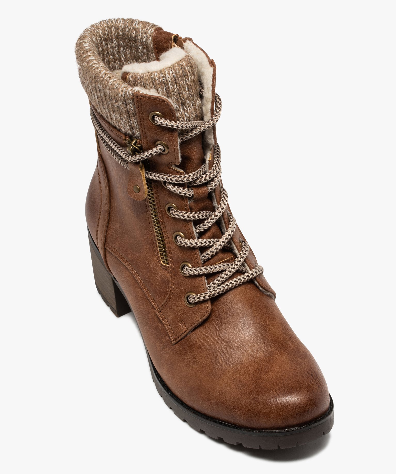 Boots femme à talon et col rembourré en maille camel | GEMO