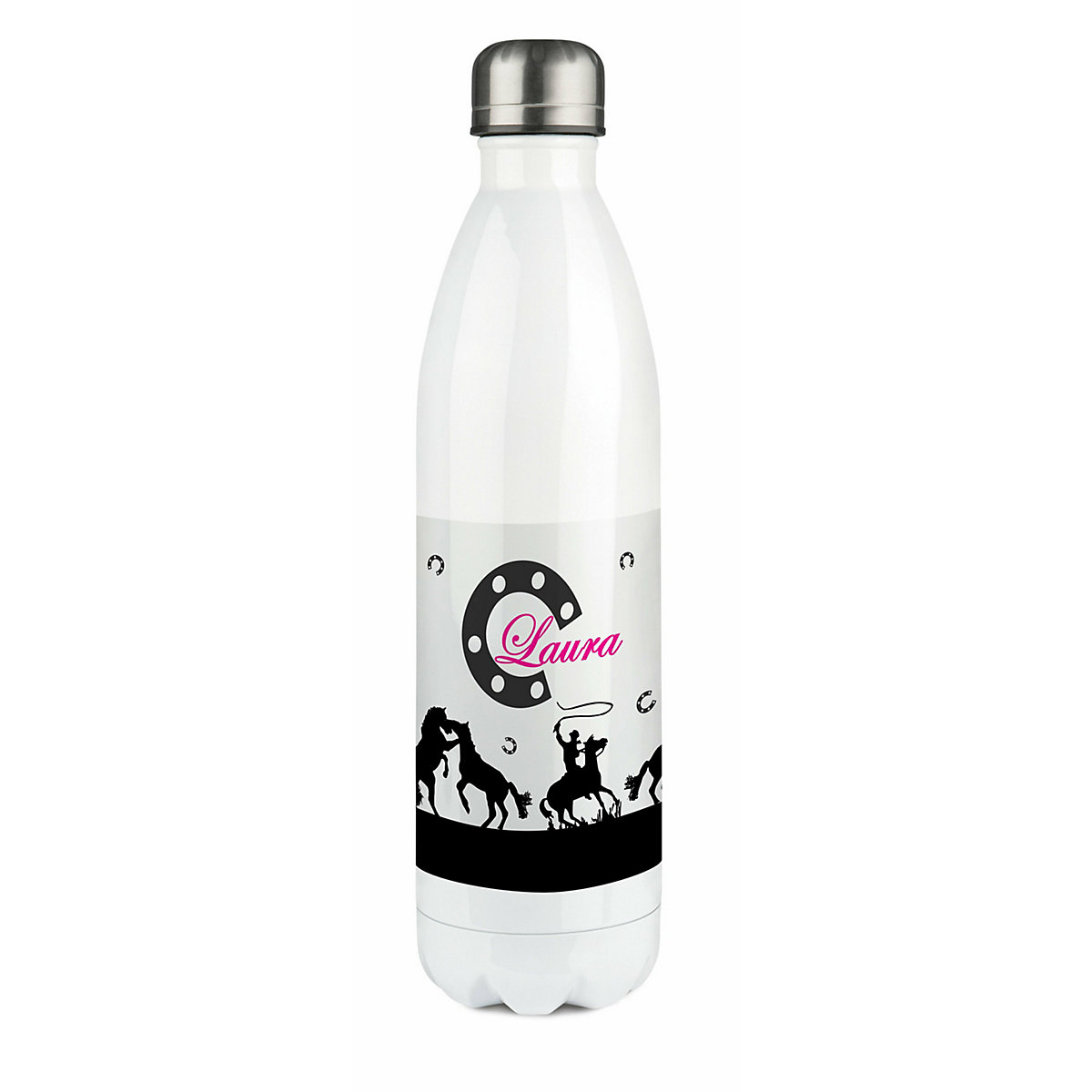 Edelstahl Kinder Thermoflasche / Trinkflasche bunt Pferd-Cowboy schwarz Spülmaschinenfest, Auslaufsicher, Bruchfest, Doppelwandig, Für Heißgetränke geeignet, Mit Deckel, Isoliert
