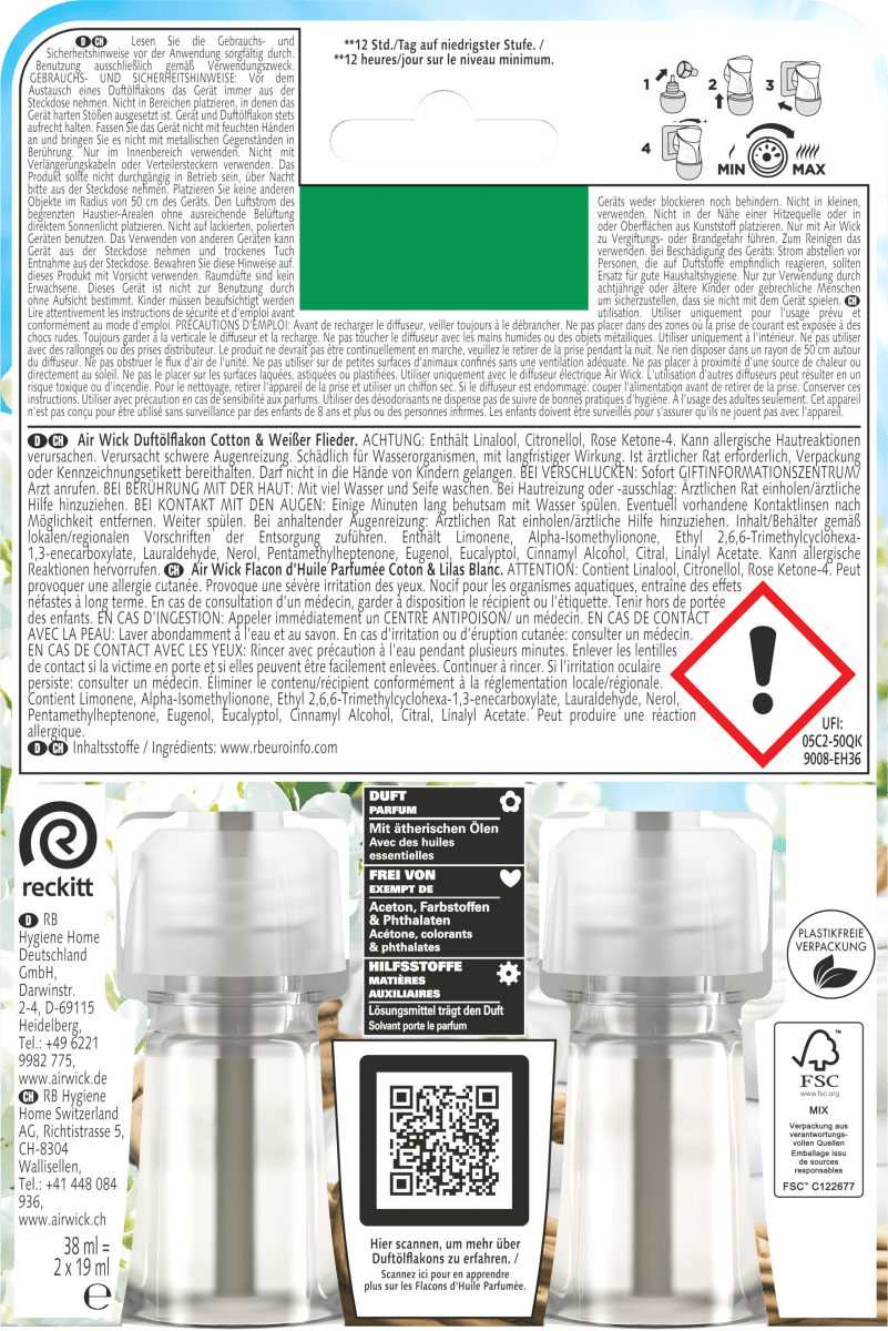 Lufterfrischer Duftstecker Cotton & Weißer Flieder Nachfüllpack, 38 ml