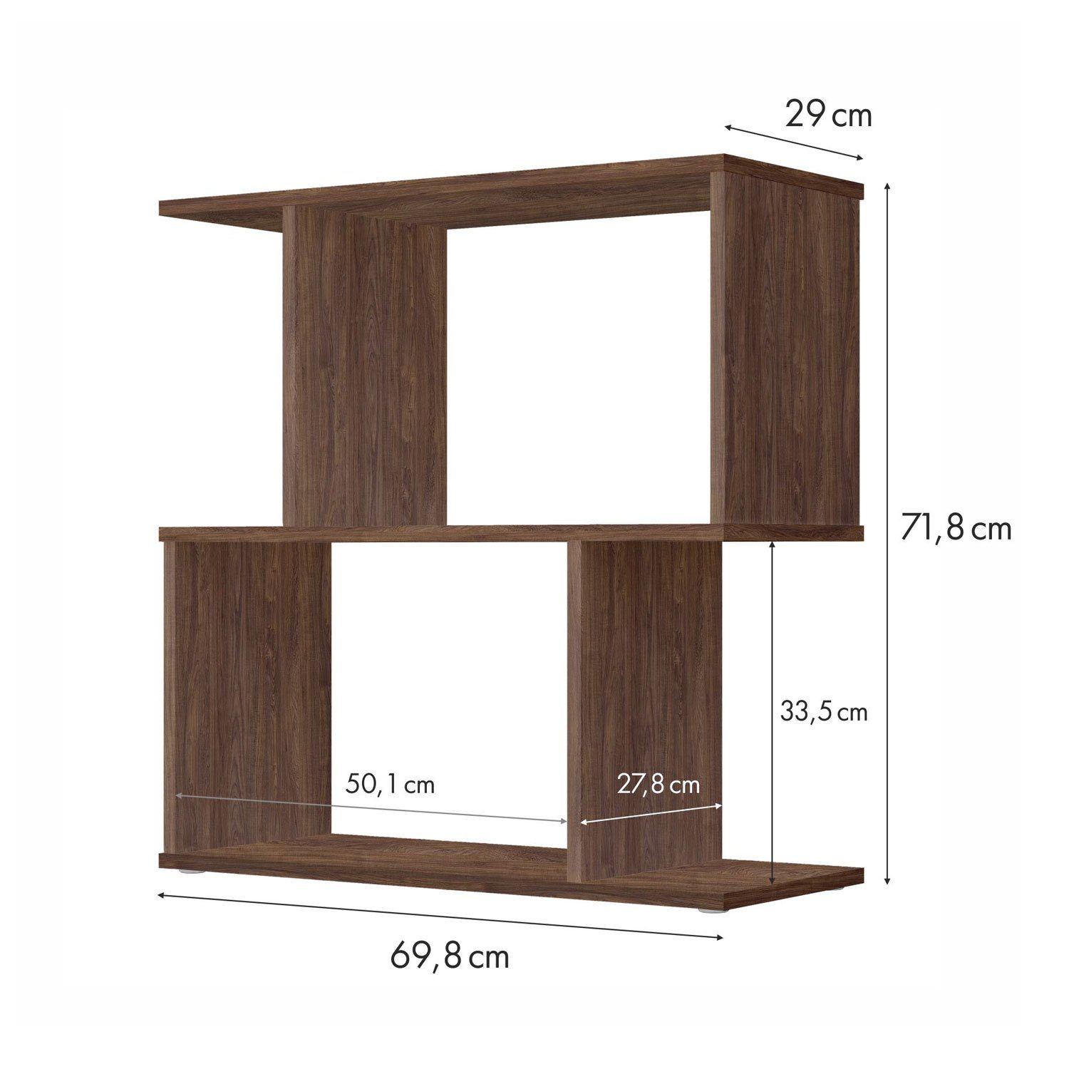 Polini Home Raumteilerregal Polini Smart Standregal Bücherregal in S-Form 2 Fach 71,8 x 69,8 x 2