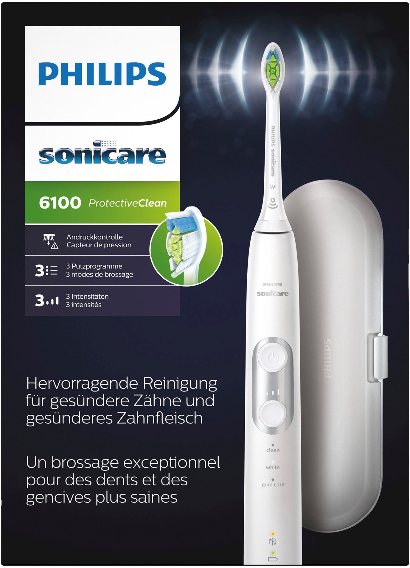 Philips Sonicare Elektrische Zahnbürste HX6877/28, Aufsteckbürsten: 1 St., ProtectiveClean 6100, Schallzahnbürste, mit 3 Putzprogrammen