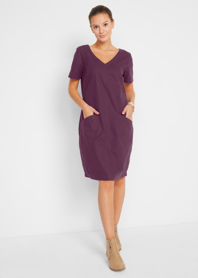 Knielanges Kleid mit Leinen und V-Ausschnitt, Halbarm