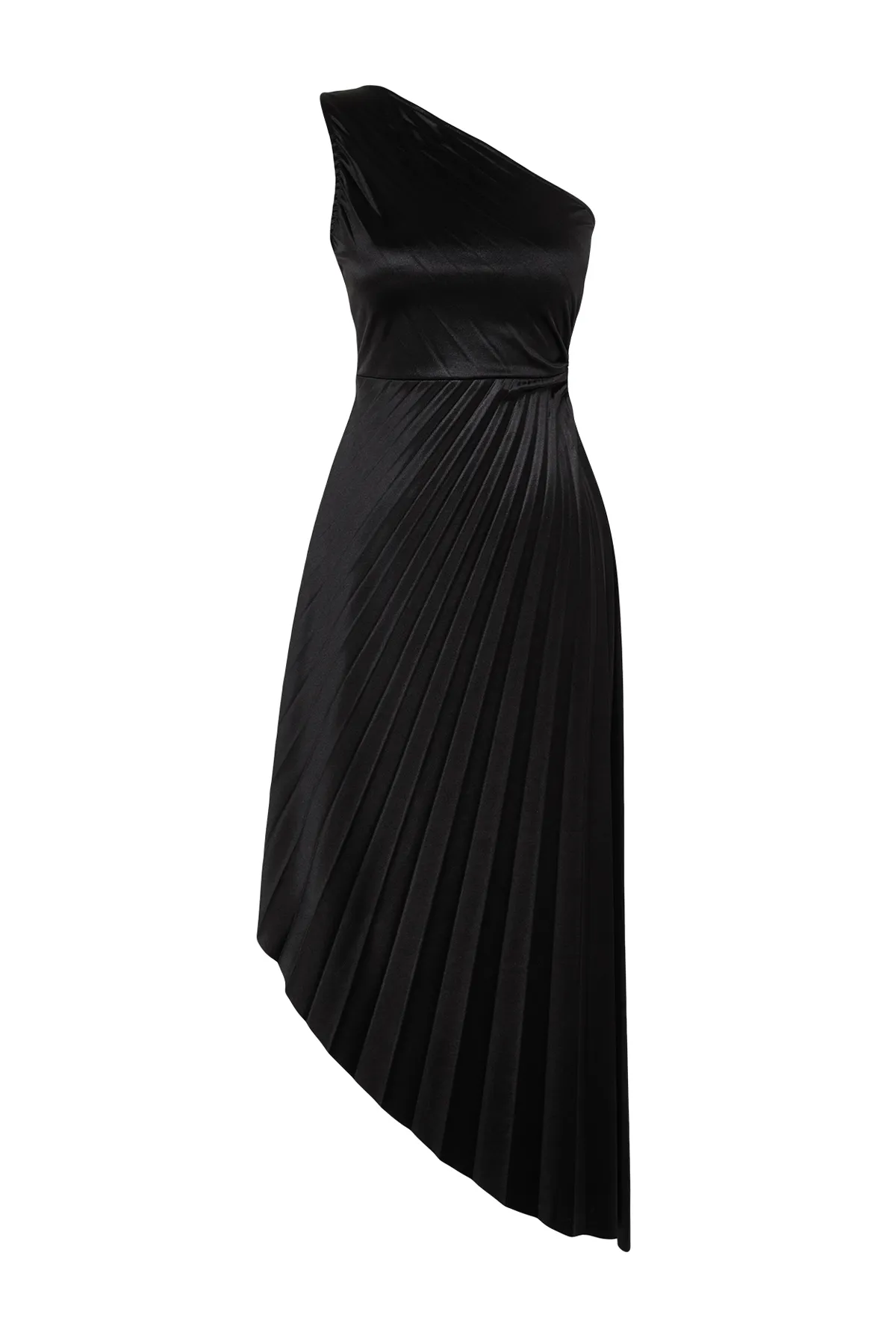 Trendyol Collection  Schwarzes, asymmetrisch gestricktes, plissiertes, elegantes Abendkleid aus Satin TPRSS23EL00557