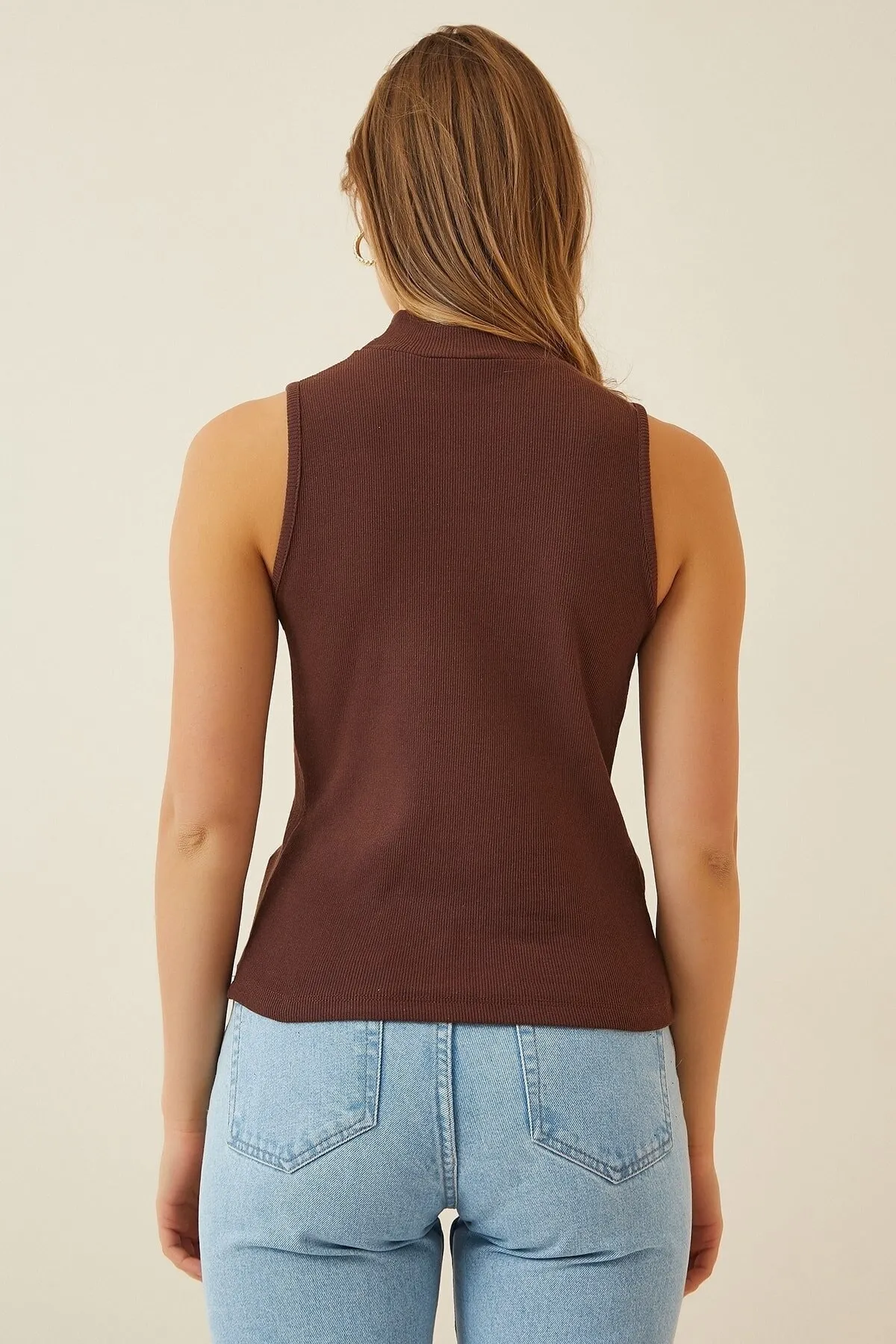 Happiness İstanbul  Damen-Bluse mit Rollkragen, beige, braun, ärmellos, 2 Stück, Strickbluse GT00012