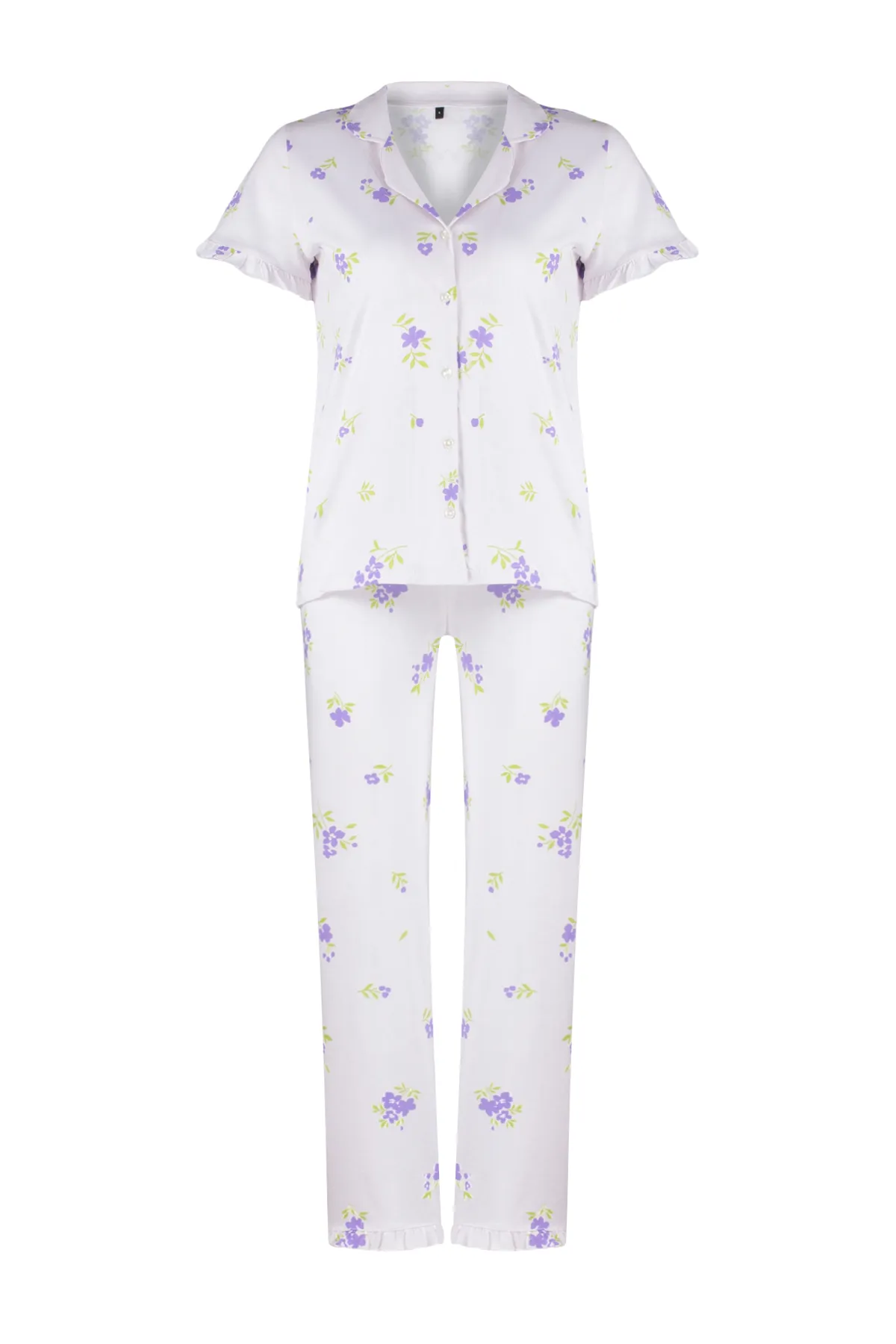 Trendyol Collection  Ecru-Multicolor-Strickpyjama-Set aus 100 % Baumwolle mit Blumenrüschen und detaillierten Details THMSS24PT00228