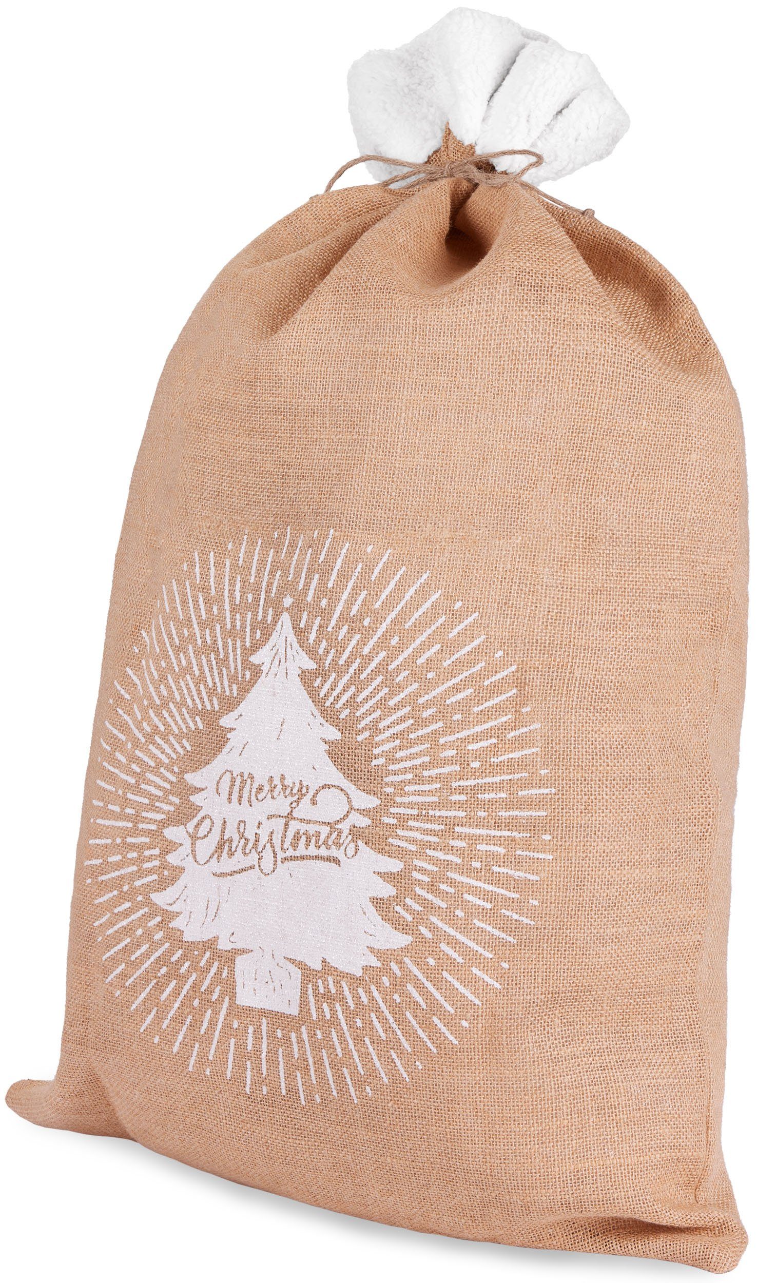 BRUBAKER Aufbewahrungstasche Weihnachtssack Tannenbaum Merry Christmas - 80 cm Geschenksack (1-tlg., Jutesack Weihnachtsbaum Braun Weiß), Nikolaussack Jutebeutel Sack mit Kordel zum Verpacken von Geschenken