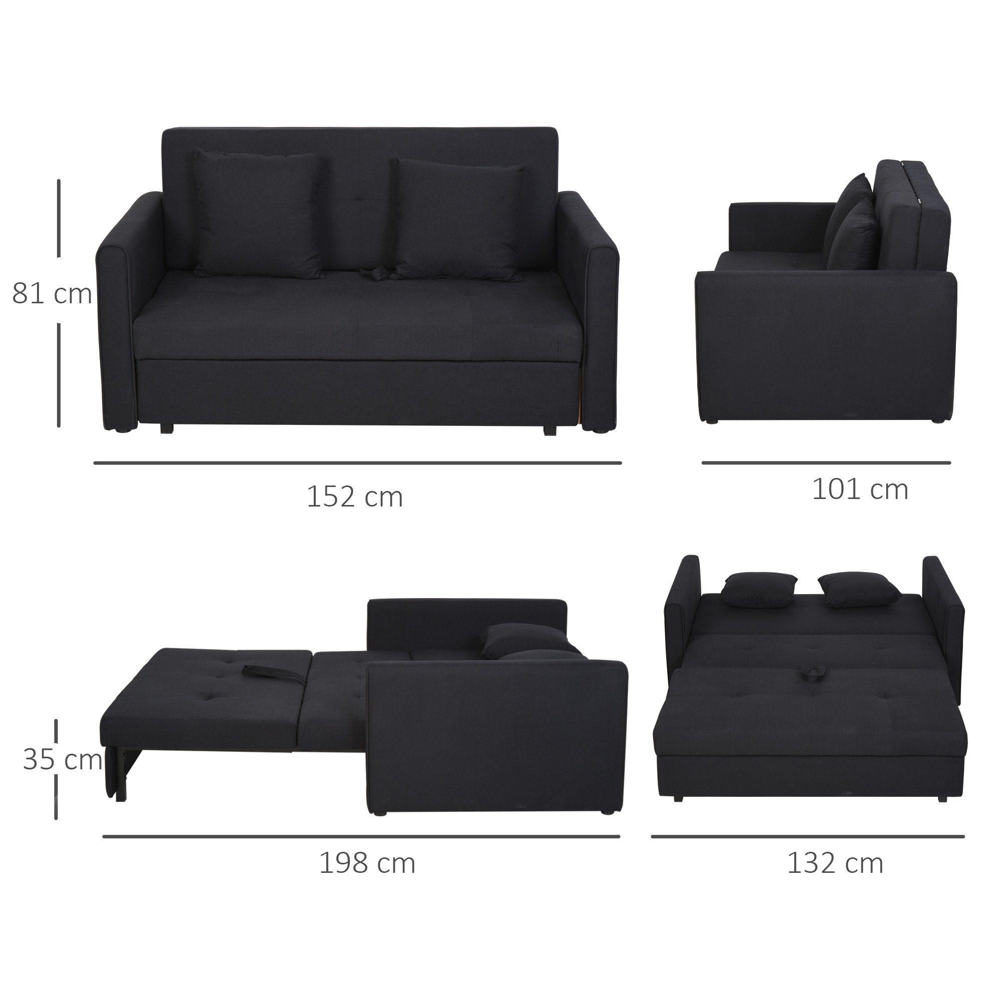 HOMCOM Schlafsofa Sofa mit Bettfunktion, Polstersofa mit Stauraum, Schlafcouch, 2-Sitzer Sofa 1 Teile, für Wohnzimmer, Polycotton, Holz