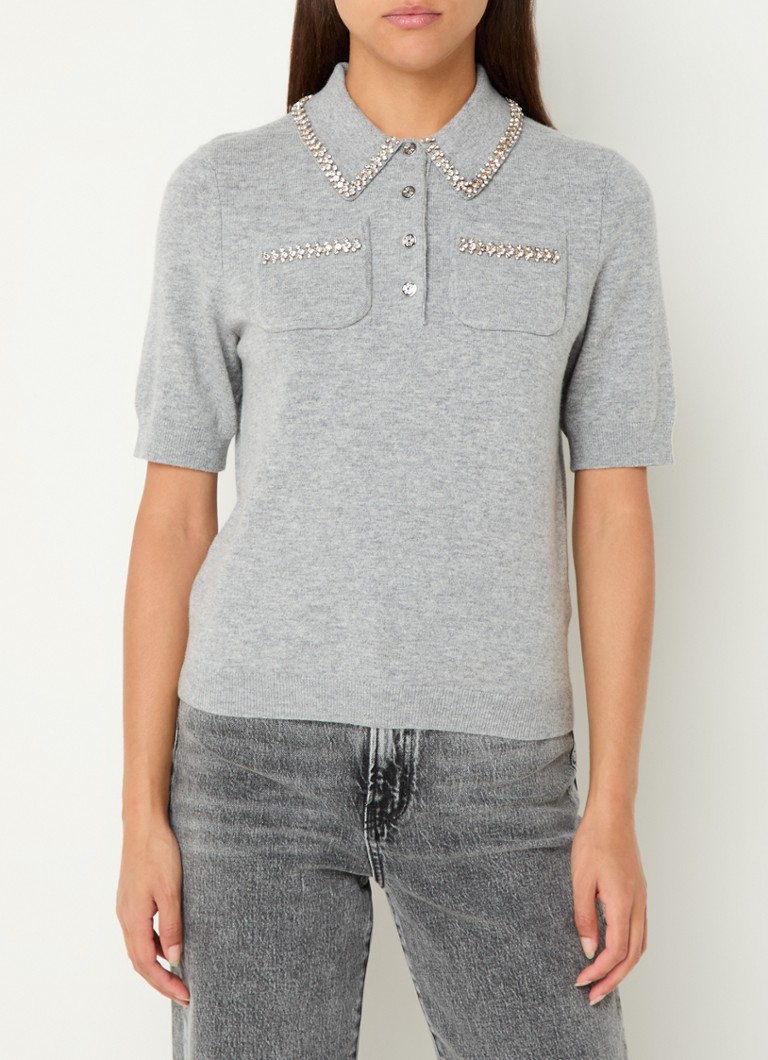 Maje Fine-knit top in cashmere blend with polo collar and rhinestones
