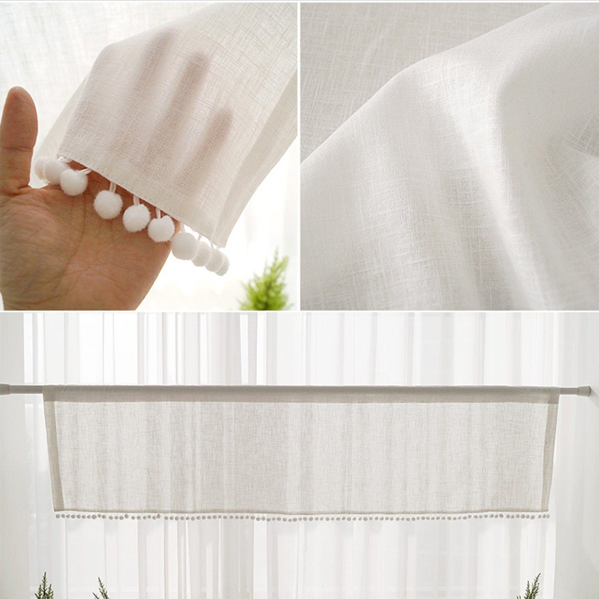 Scheibengardine Kurze Fenster Gardinen Vorhänge, Quastenball, Freizeit, Sunicol, (1 St), H×B:46×132;61×132;76×132