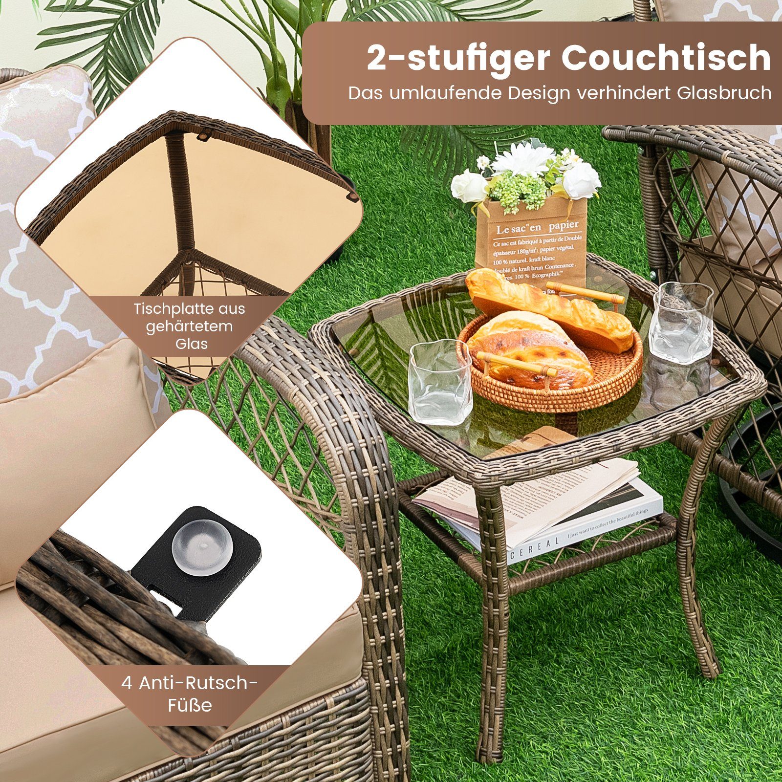 COSTWAY Balkonset, (3-tlg), 3 teilig mit Tisch & 2 Schaukelstühle