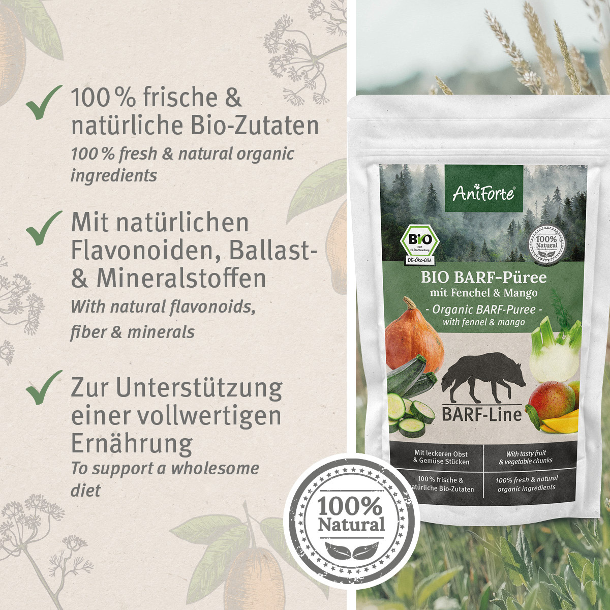 Aniforte Ergänzungsfutter & Aufzucht Aniforte BIO BARF Püree - Fenchel & Mango 5 x 150g