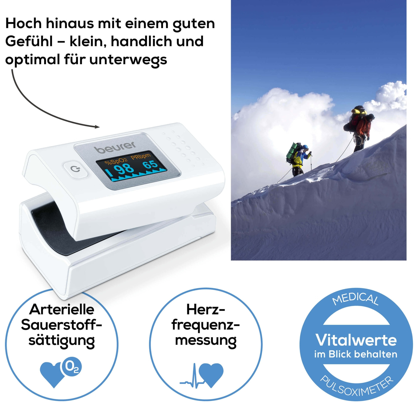 Beurer Pulsoximeter PO 35-Handliches Pulsoximeter zur Messung der Sauerstoffsättigung & Herzfrequenz