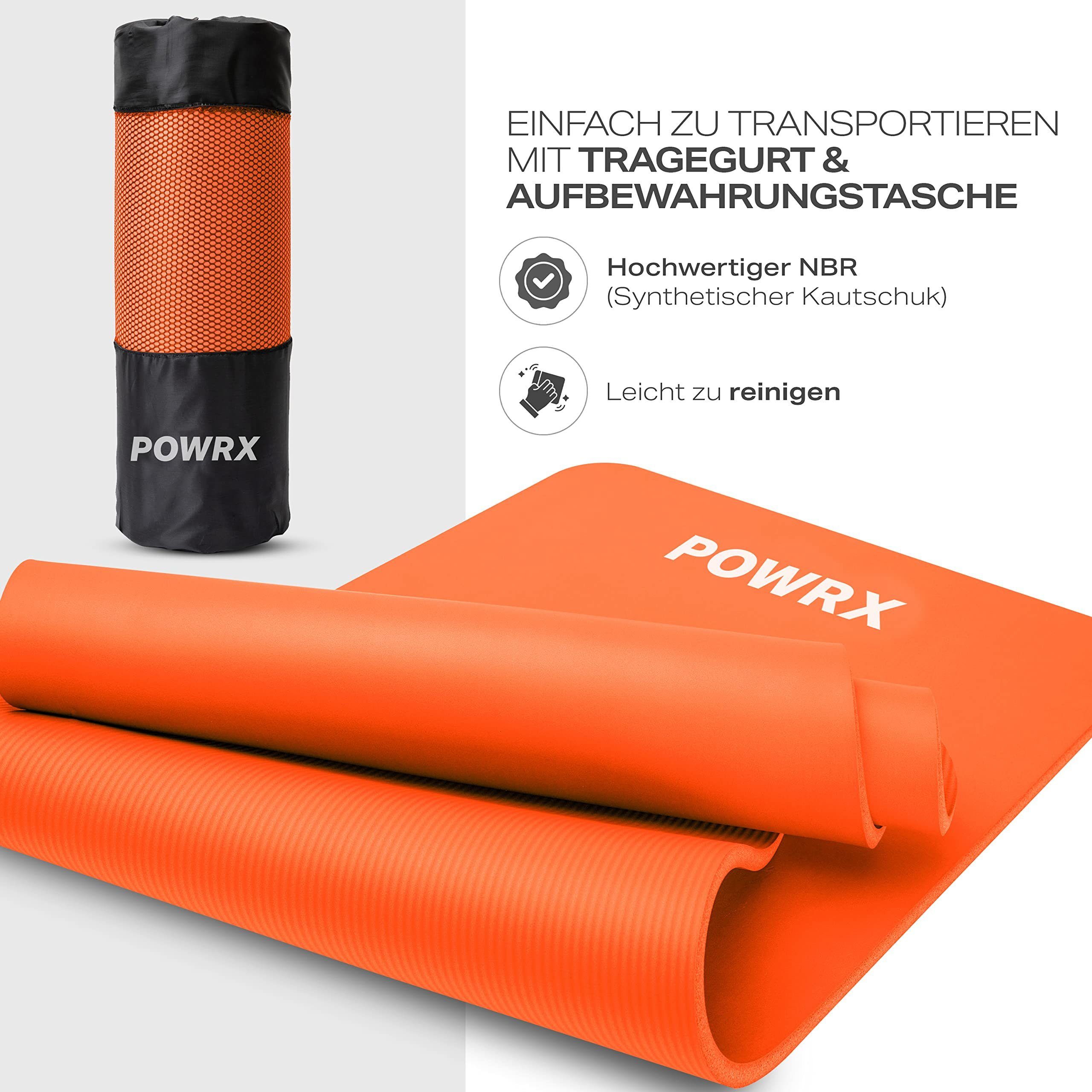 POWRX Yogamatte Gymnastikmatte Yoga-Matte (Orange, 190x60cm) inkl. Trageband + Tasche., Orange 190 X 60 X 1.5 Cm Nitril-Butadien-Kautschuk