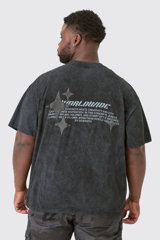 Plus Oversize Worldwide Star Puffärmel T-Shirt mit Acid-Waschung und Grau