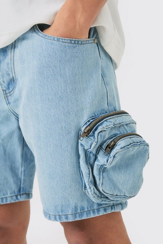 Hellblaue Slim-Fit Jeansshorts mit 3D Cargo-Taschen
